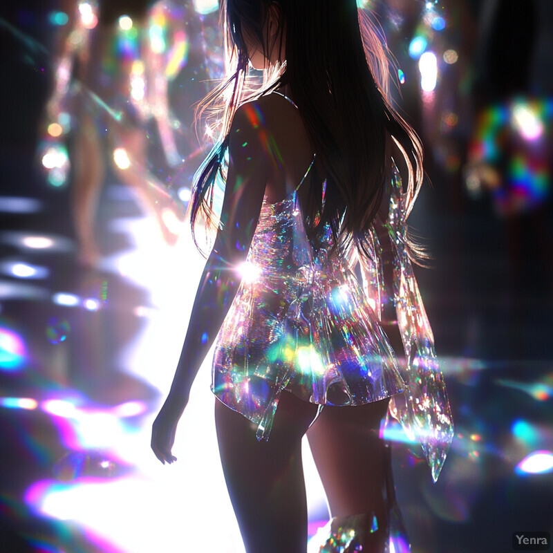 A woman with long hair and a shiny, iridescent dress stands in front of a blurred cityscape or urban environment.