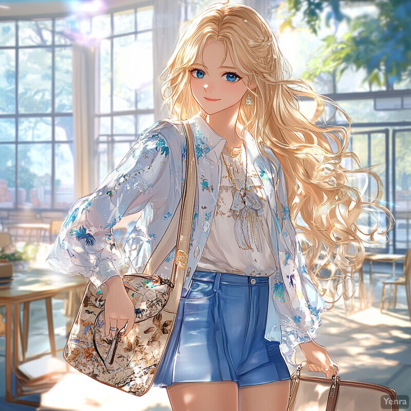 A young woman with long blonde hair and blue eyes, dressed in a white floral blouse and light blue shorts, holding a large purse or bag.