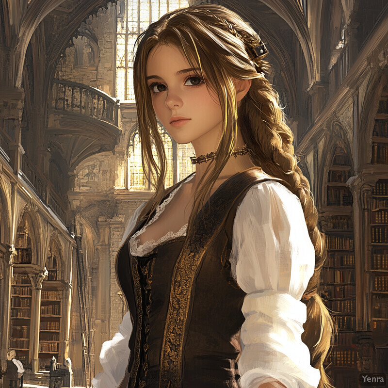 A young woman stands confidently in front of bookshelves in a grand library with high ceilings and large windows.