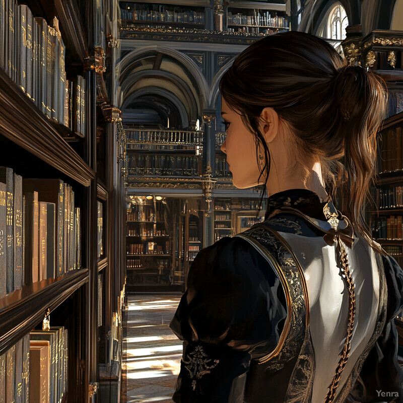 A woman stands in front of bookshelves, gazing at books, surrounded by a room with high ceilings, arched windows, and ornate details.