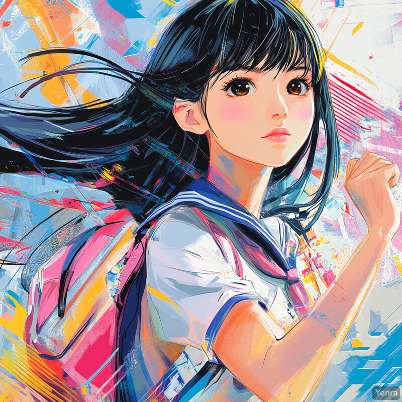 Anime-style illustration of a young girl with long black hair and brown eyes, wearing a white shirt with blue trim and a red backpack.