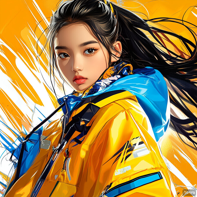 A woman with long black hair and a yellow jacket stands against an abstract background.