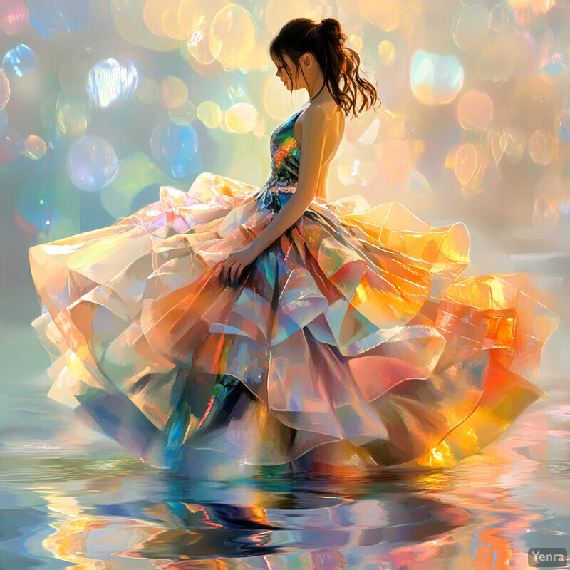 A woman in an iridescent dress stands in shallow water, gazing at her reflection.