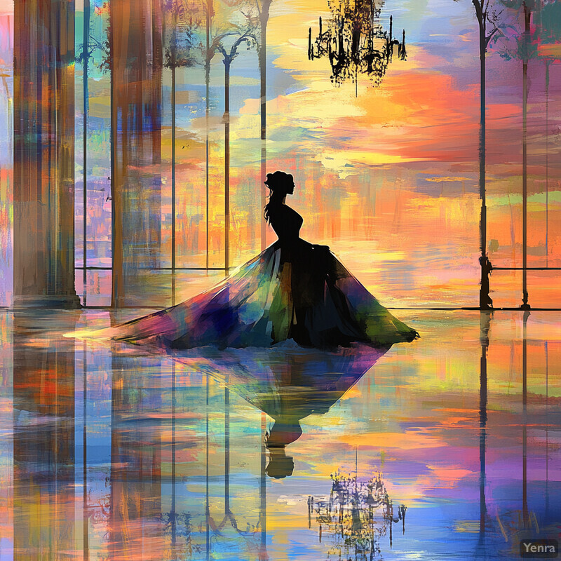 A woman in an elegant ball gown standing on a reflective surface