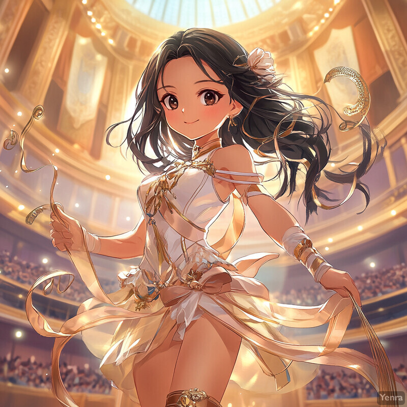 Anime-style illustration of a woman in a white dress with gold accents performing or leading a crowd.