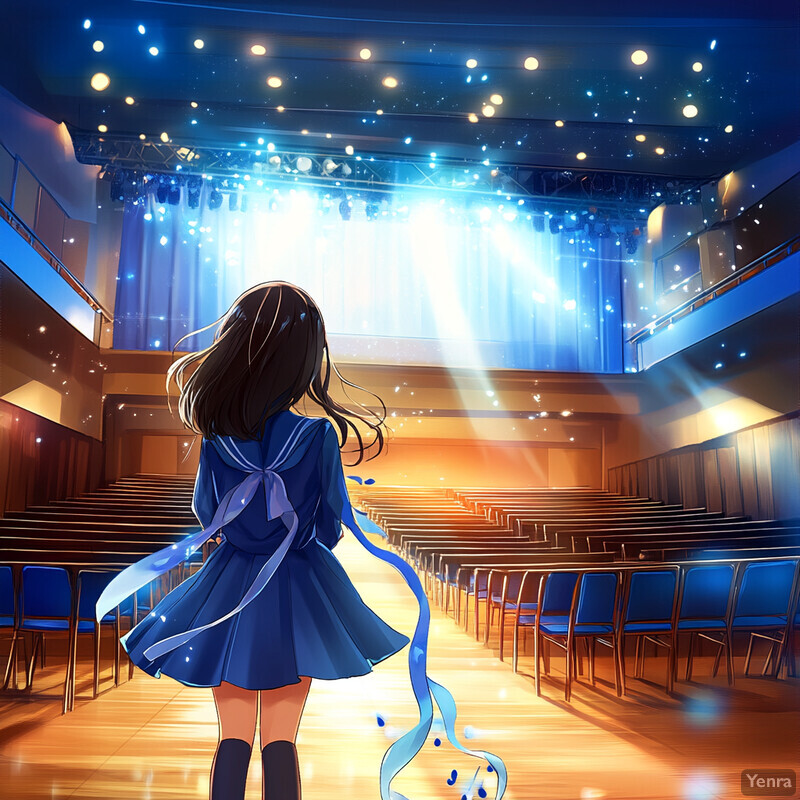 Anime-style girl standing in a concert hall, facing away from the viewer.