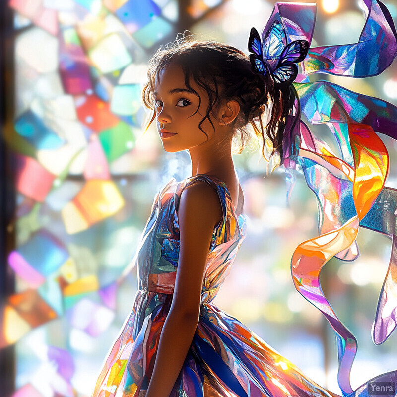 A young girl stands confidently in front of a blurred background featuring large flowers or trees, wearing a vibrant dress with a multicolored pattern and butterfly accents.