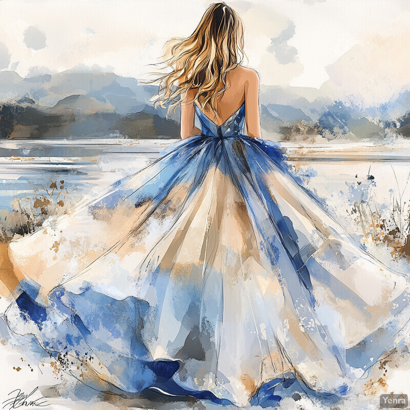 A woman in a beautiful blue dress stands on a beach, gazing out at the ocean.