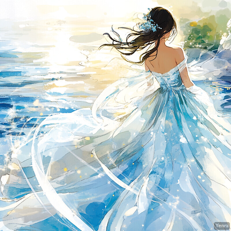 A serene and ethereal scene of a woman in a flowing blue dress standing on the shore of a body of water.