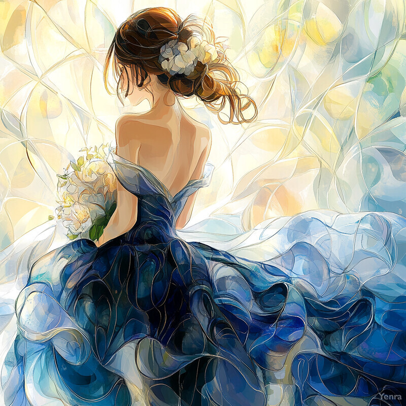 A woman in a blue dress holding white flowers against a light-colored background with swirling patterns.