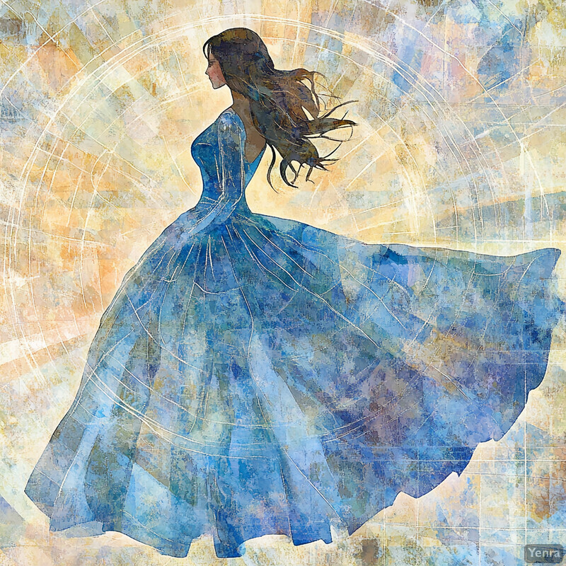 A woman in a blue dress twirls and smiles in front of a blurred natural background.