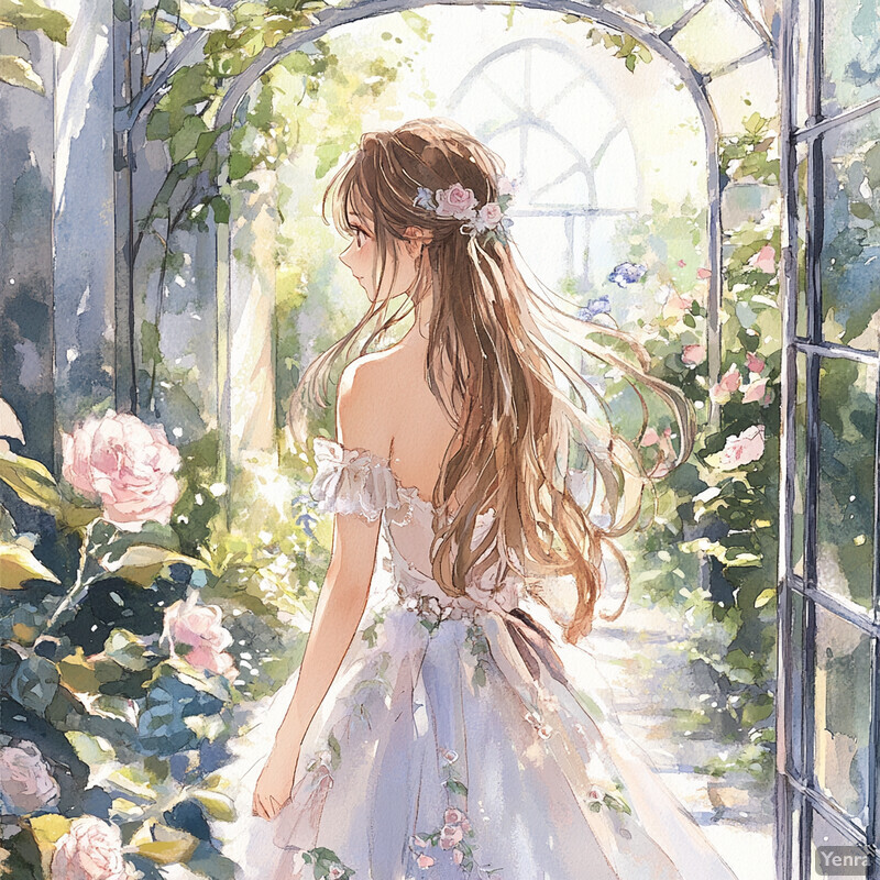 A young woman stands in an arched garden doorway, surrounded by lush greenery and sunlight.