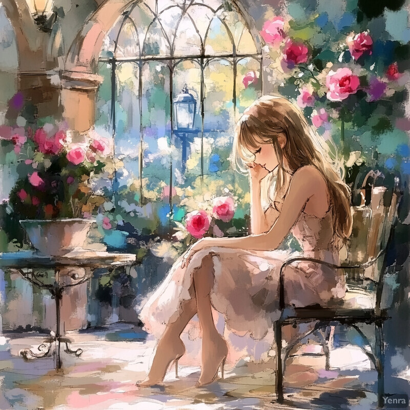 A serene and idyllic scene of a woman sitting in front of an arched window, surrounded by lush greenery and vibrant flowers.