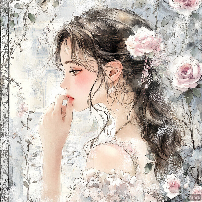 A serene and dreamy scene of a woman surrounded by flowers, lost in thought or reflecting on her emotions.