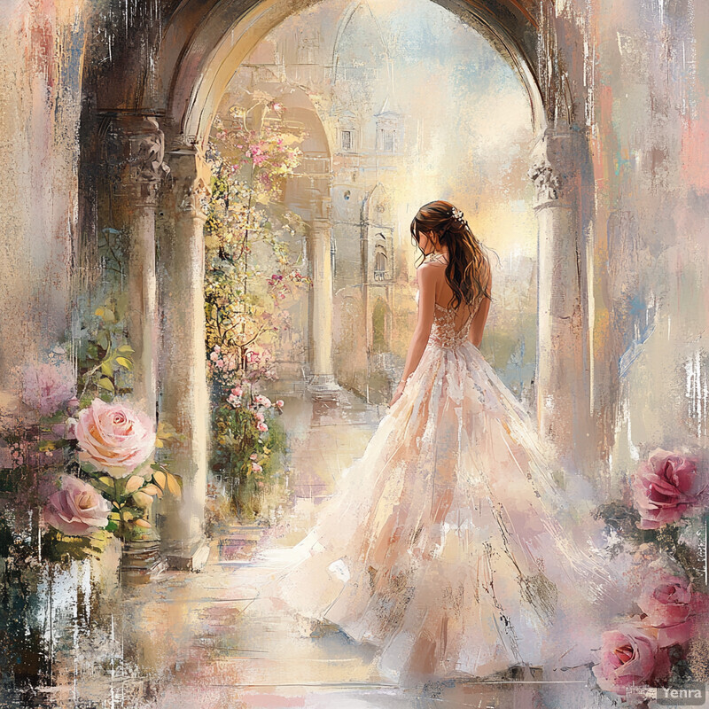 A serene and idyllic scene of a woman in a wedding dress standing within an arched stone passageway surrounded by lush greenery and vibrant flowers