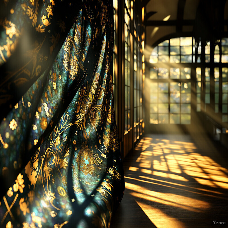 An elegantly designed room with a luxurious black and gold floral patterned curtain