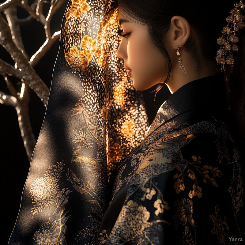 A woman with long dark hair and a black dress adorned with gold floral patterns poses elegantly.