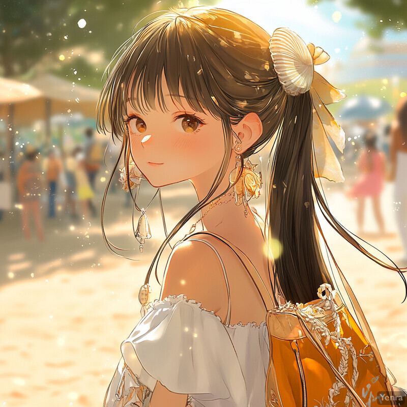 Anime-style girl in a white off-the-shoulder dress gazing over her left shoulder, with a seashell-adorned ponytail and shell earrings, set against an outdoor market or fair background.