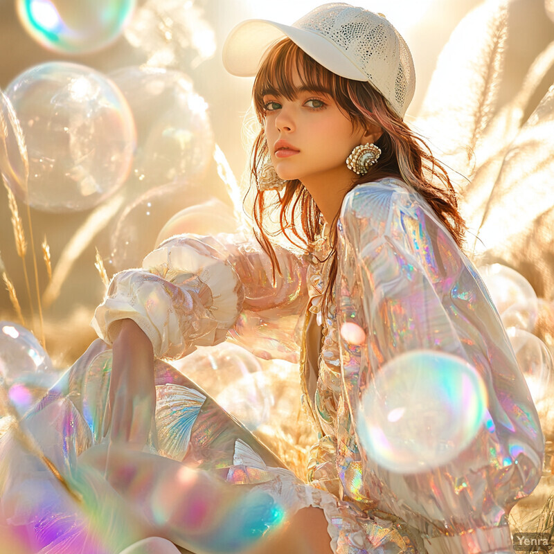 A young woman sits in a field surrounded by bubbles