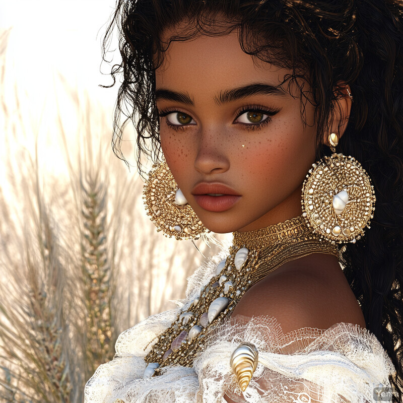 A woman with dark skin and long black hair styled in braids adorned with seashells poses for a photo shoot, wearing a white lace dress and gold jewelry featuring large earrings and a necklace embellished with numerous seashells.