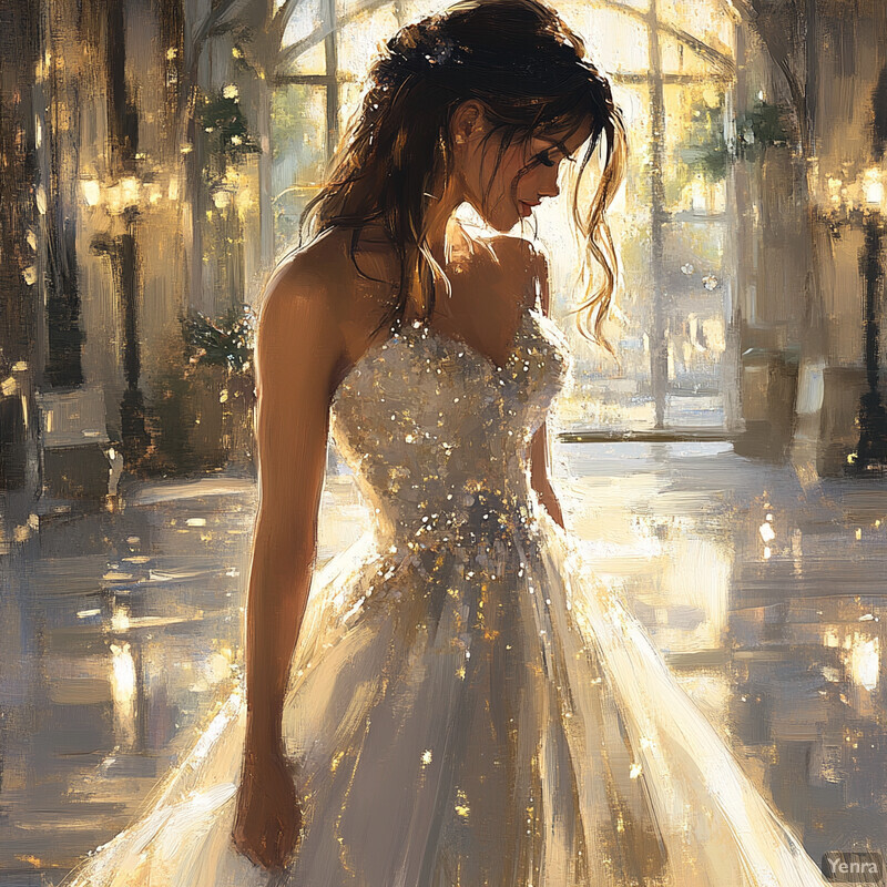 A serene image of a woman in a white wedding dress standing by a window, lost in thought.