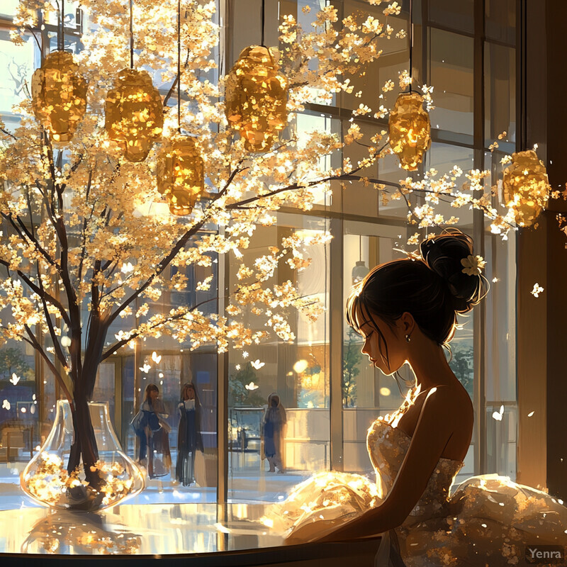 A serene and elegant scene of a woman in a white dress standing by a window, surrounded by a beautiful tree with glowing lanterns.