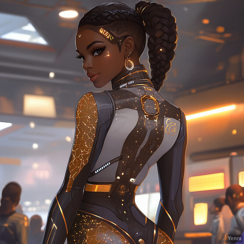 A futuristic woman with dark skin and braided hair styled in a ponytail wears a sleek black jumpsuit adorned with gold accents.