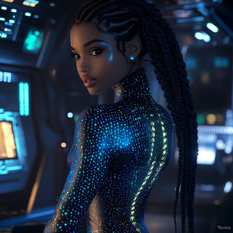 A woman with braided hair and a glowing outfit stands in front of futuristic screens and control panels, exuding an air of mystery and intrigue.