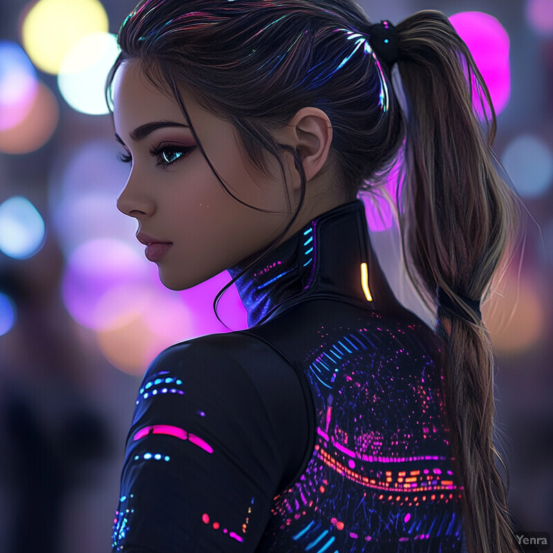 A woman with long brown hair styled in a ponytail wearing a sleeveless black top adorned with intricate patterns of pink, blue, and orange lights, set against a blurred cityscape at night.