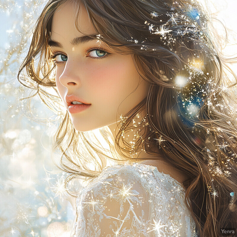 A young girl with long hair adorned with sparkling stars and flowers looks into the distance with a gentle smile.