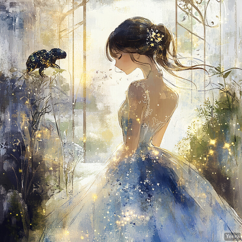 Anime-style illustration of a woman in a blue ballgown standing on a bridge with her arms outstretched.