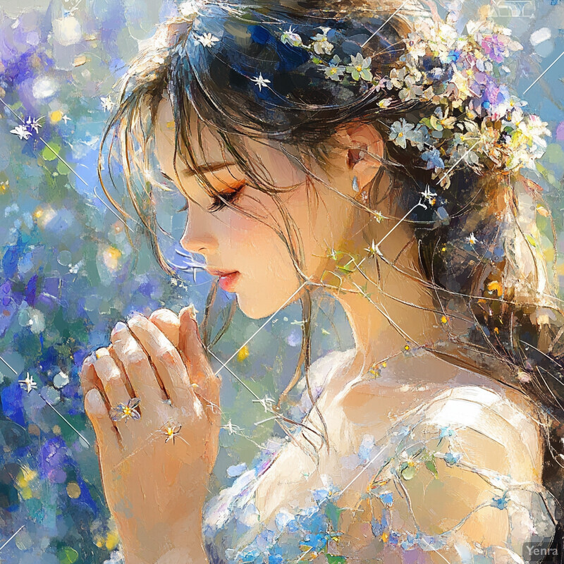 A serene scene of a woman surrounded by blooming flowers, exuding tranquility and peace.