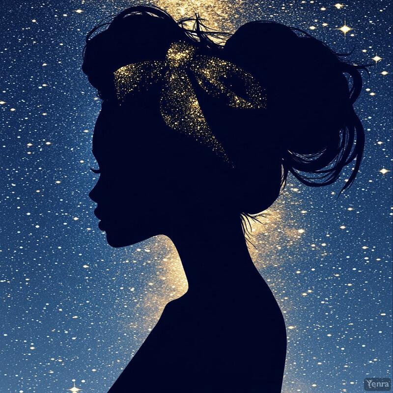 A silhouette of a woman against a starry night sky background