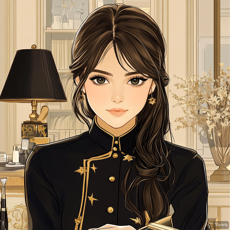 Anime-style illustration of a woman in a black jacket with gold stars, seated at a desk