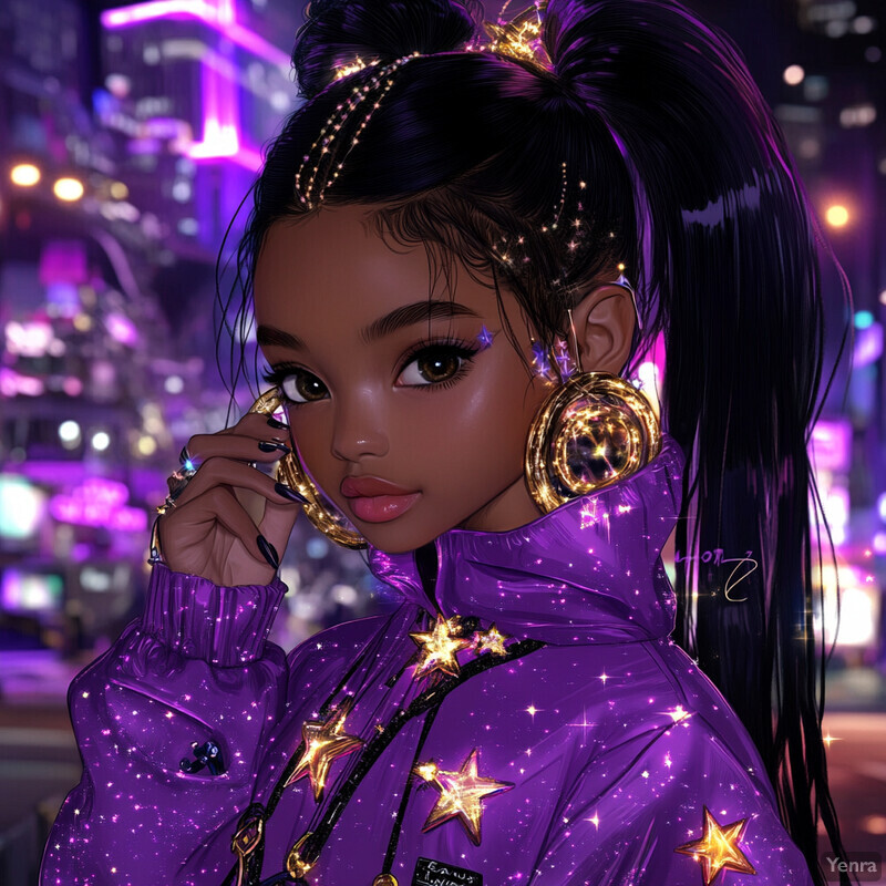 A young woman with dark skin and long black hair styled in a ponytail, adorned with gold stars and wearing a purple jacket featuring gold stars.