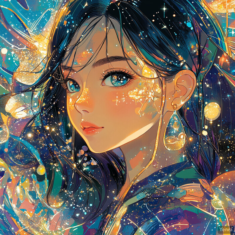 Anime-style illustration of a woman with long black hair and blue eyes, surrounded by an abstract background of swirling colors.