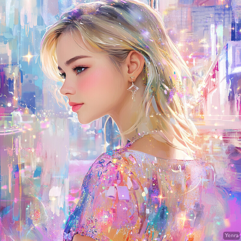 A young woman with blonde hair and fair skin poses in front of an abstract background featuring pastel colors, likely from a fashion magazine or advertisement.