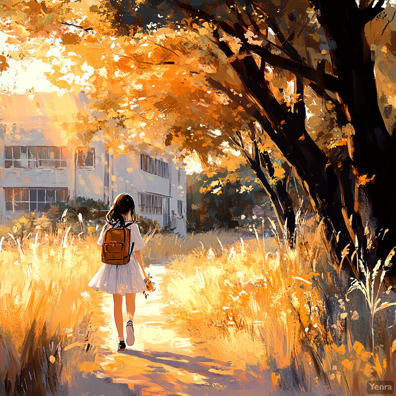 A young girl walks down a path in an autumnal setting, surrounded by tall grasses, wildflowers, and trees with vibrant orange and red leaves.