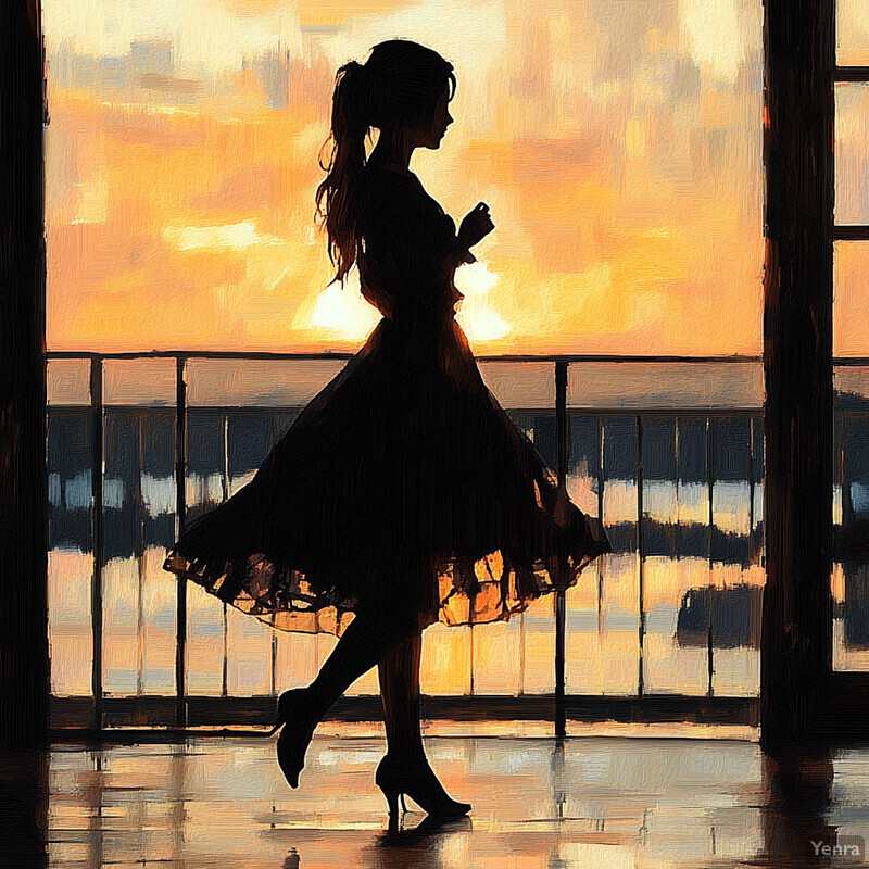 A woman stands by a window, lost in thought as she gazes out at the sunset.