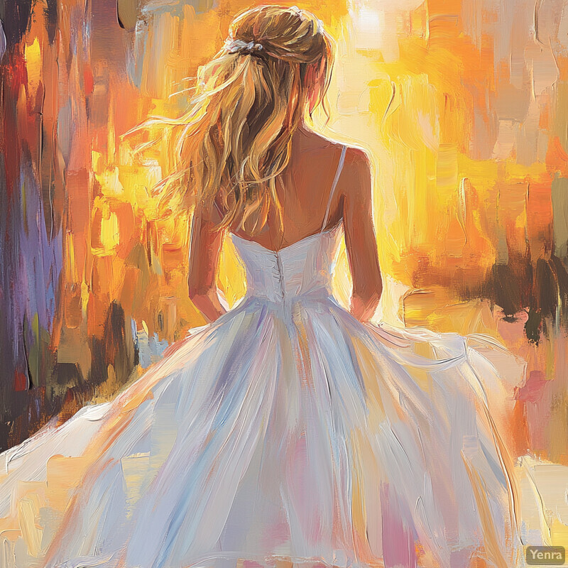 A serene and romantic scene of a woman in a white wedding dress standing in front of a sunset, exuding peace and tranquility.