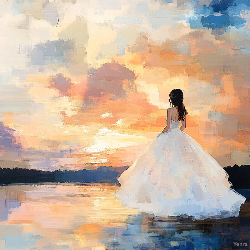 A woman in a white wedding dress stands on the shore, gazing at the sunset.