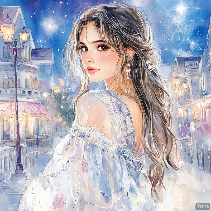 A watercolor painting of a young woman in a white dress against a night sky with stars and buildings in the background.