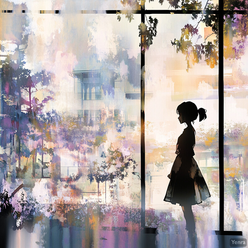 A young girl stands by a window, gazing out at a lush forest.