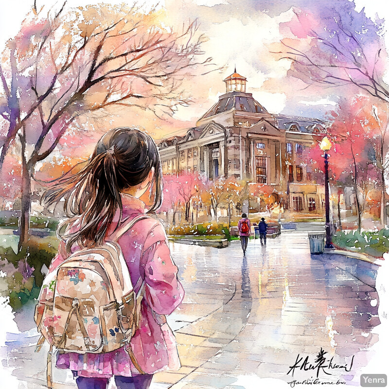 A young girl walks down a path in front of a large building, surrounded by trees and greenery.