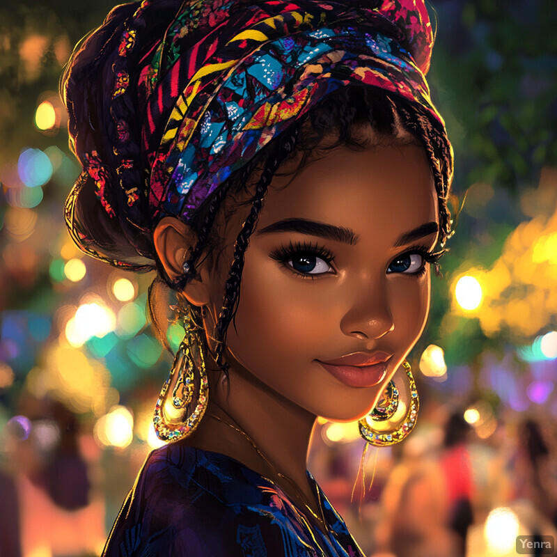 A woman with dark skin and curly hair styled in braids, wearing a colorful headwrap and elegant attire, posing for the camera with a subtle smile.