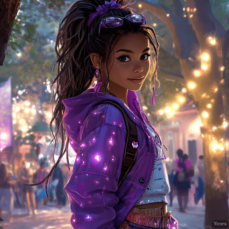 A young woman with long dark hair and purple accessories walks through a crowd of people in a park-like setting.