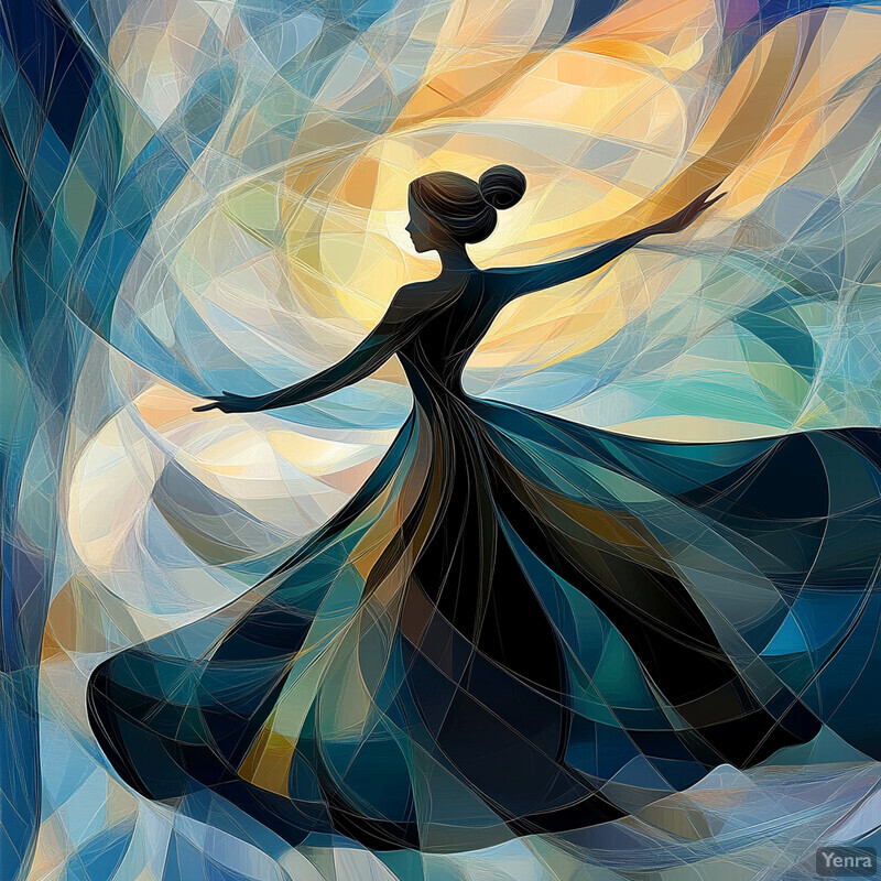 A woman in a flowing dress twirls against a vibrant background