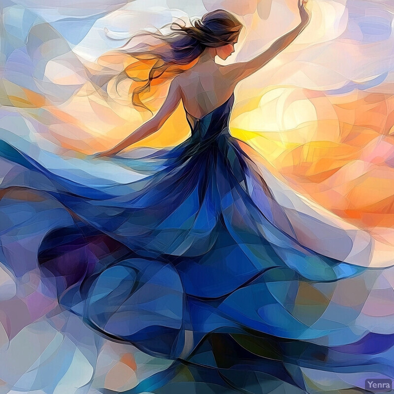 A woman in a blue dress twirling against a vibrant sunset sky