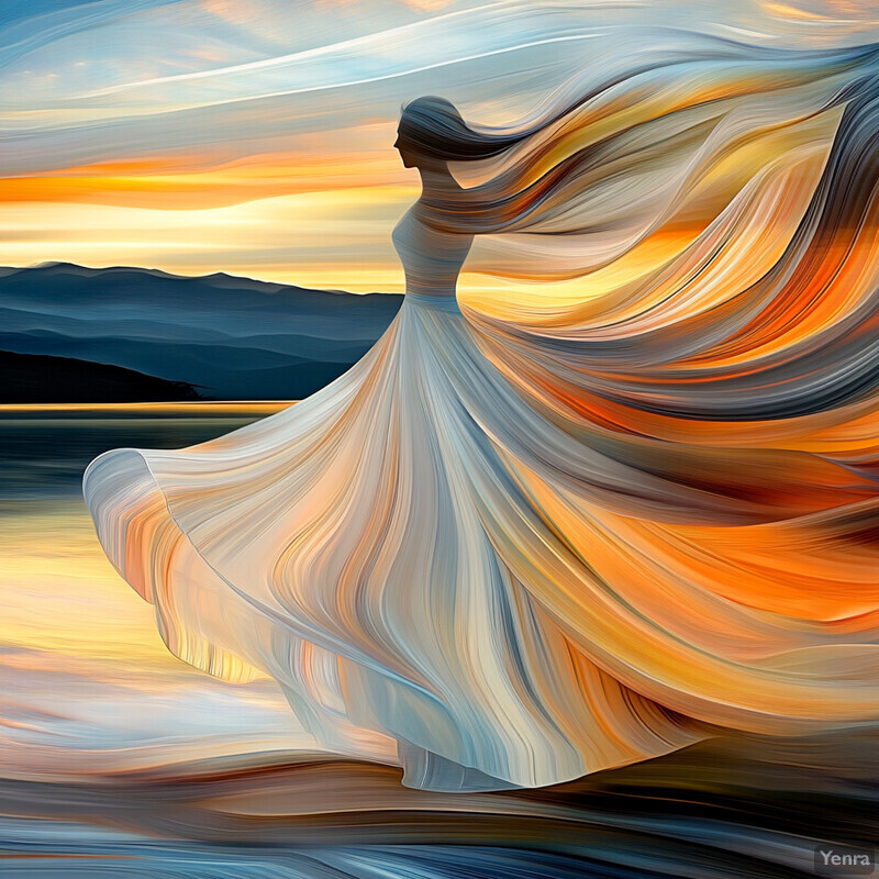 A serene and ethereal scene featuring a woman in a flowing white dress standing on a beach or shoreline at sunset.