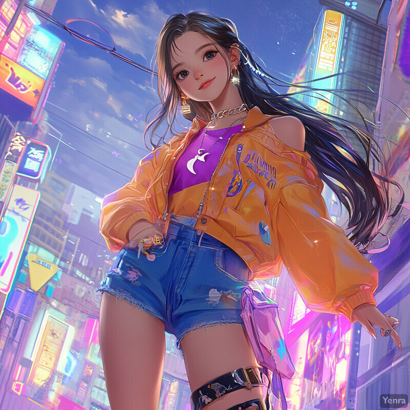 Anime-style woman in purple top and yellow jacket standing in front of a cityscape at dusk or dawn.